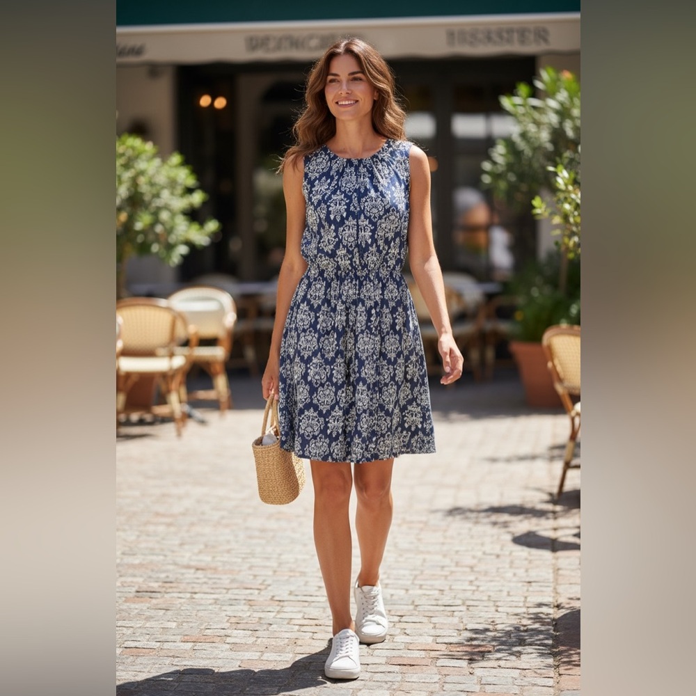 Elegant Navy and‎ White Patterned Midi Dress
